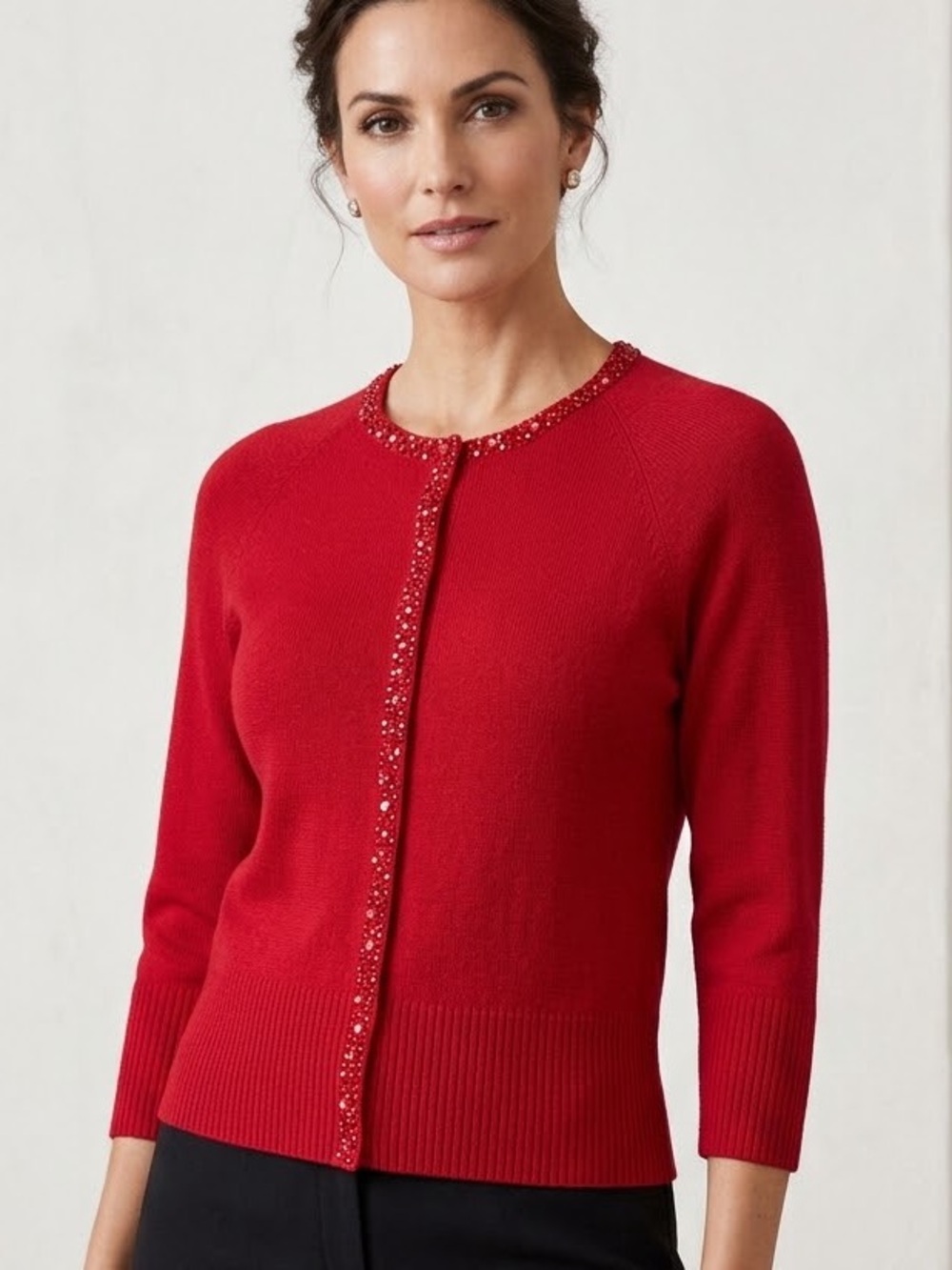 St. John Collection Red Wool Rayon Gem Embellished Cardigan Sweater